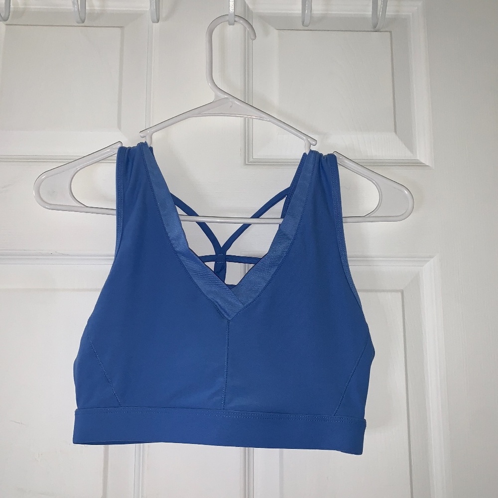 Blue sports bra with cross back